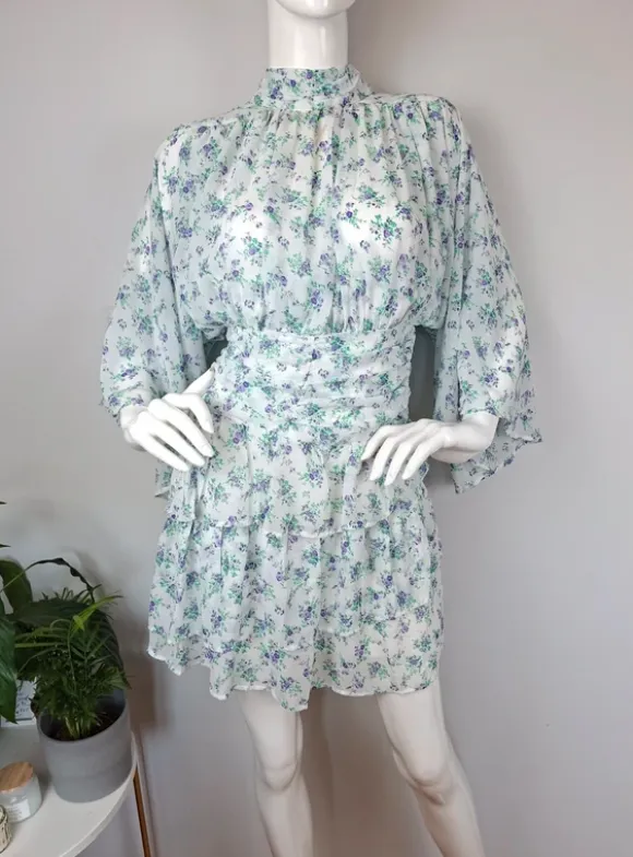 Zwiewna kwiatowa sukienka kimono drapowana marszczona szerokie rękaw tiul
