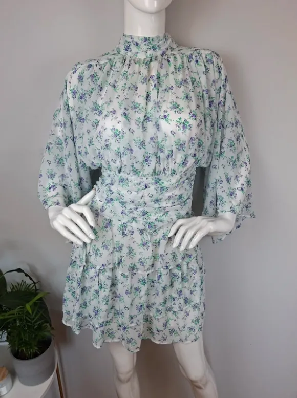 Zwiewna kwiatowa sukienka kimono drapowana marszczona szerokie rękaw tiul